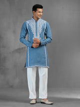 Blue linen festive shimmer designer kurta pajama look
