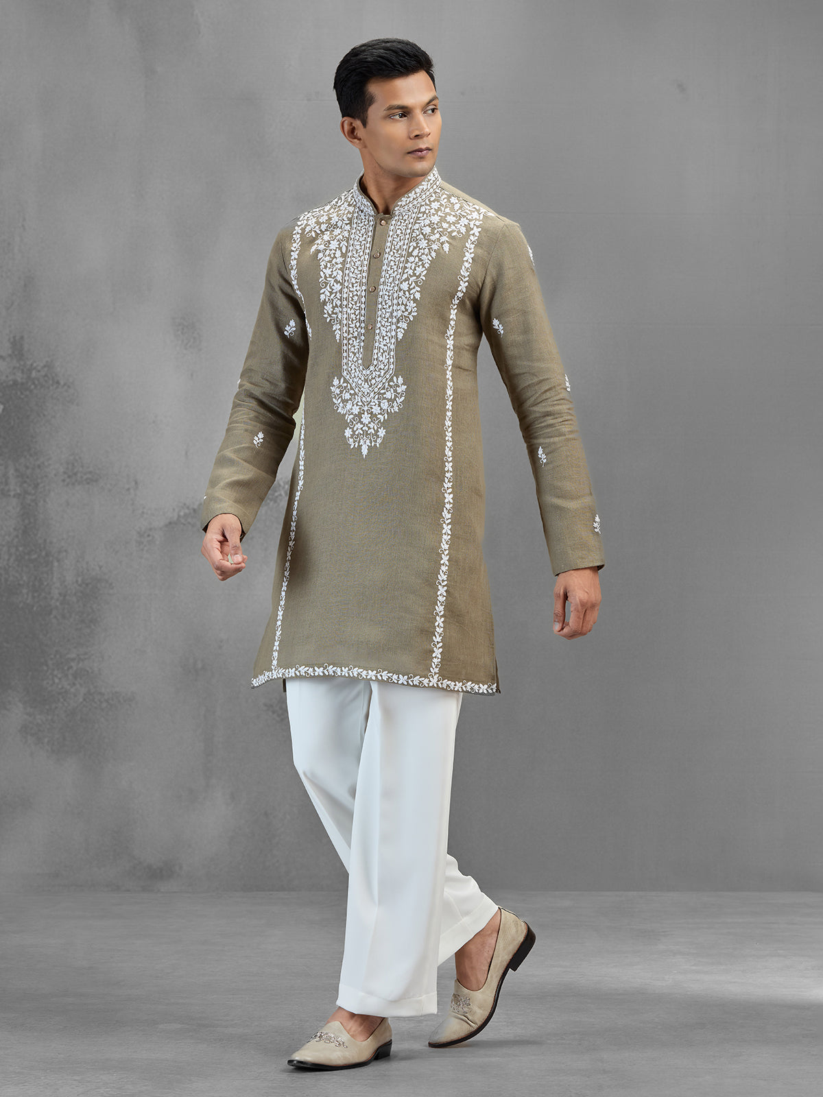 Light olive linen minimal glam wedding kurta set