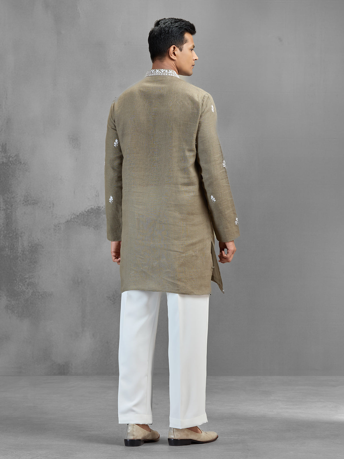 Light olive linen minimal glam wedding kurta set