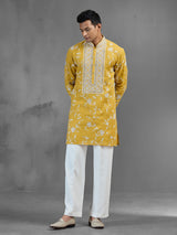 Mustard linen haldi special aabla work kurta pajama