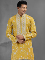 Mustard linen haldi special aabla work kurta pajama