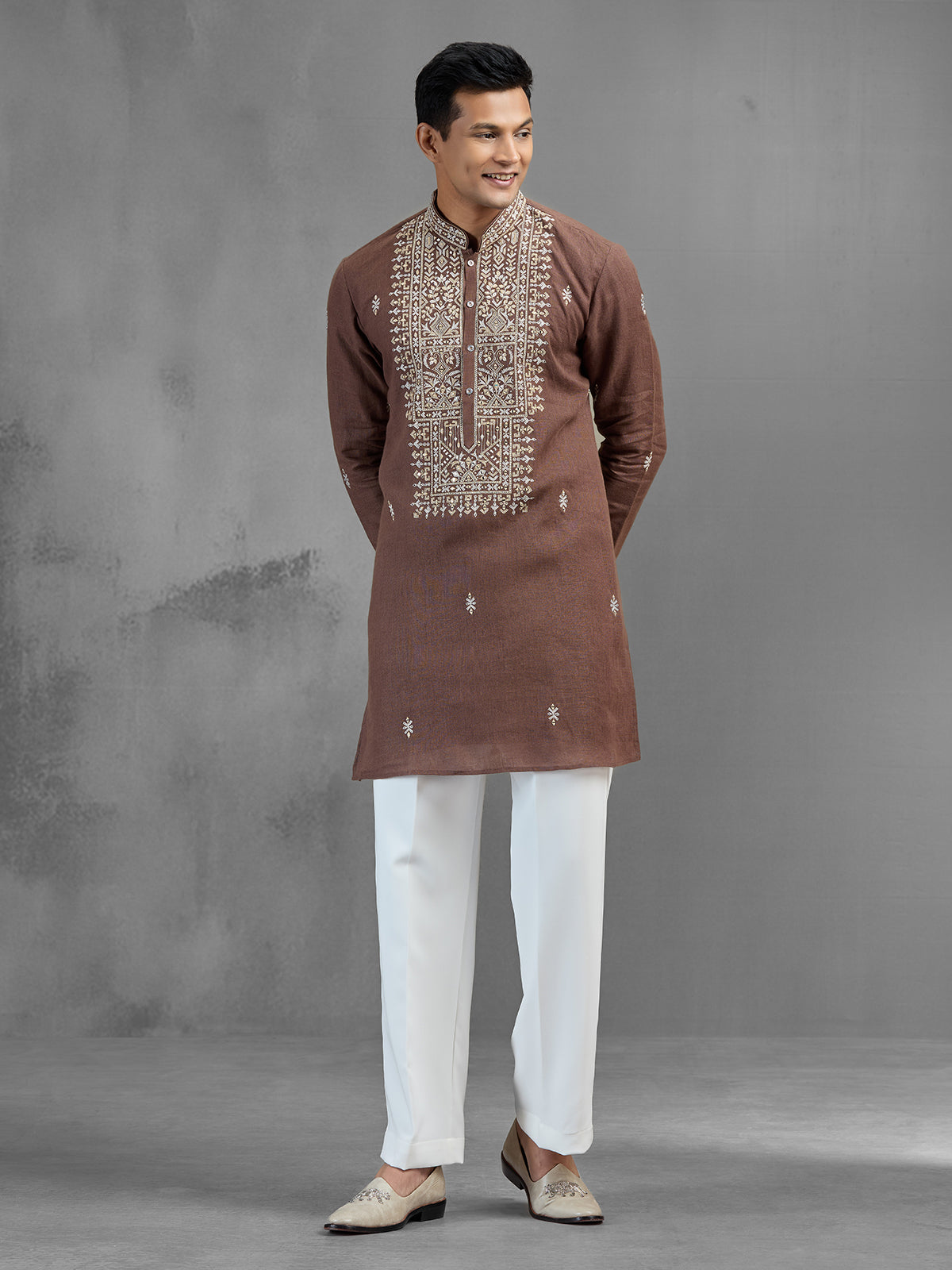 Brown linen intricate thread embroidered classic kurta pajama