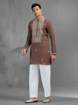 Brown linen intricate thread embroidered classic kurta pajama