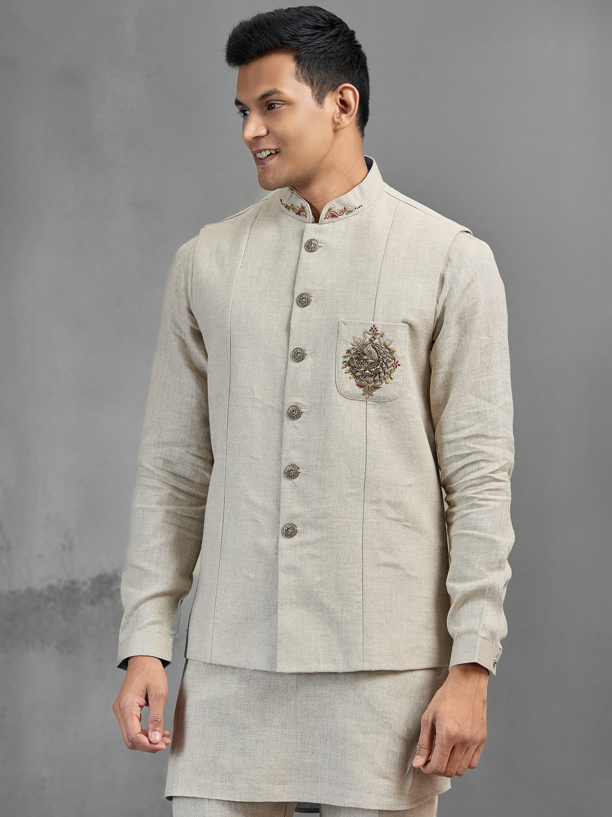 Beige linen peacock brooch embroidered festive waistcoat set