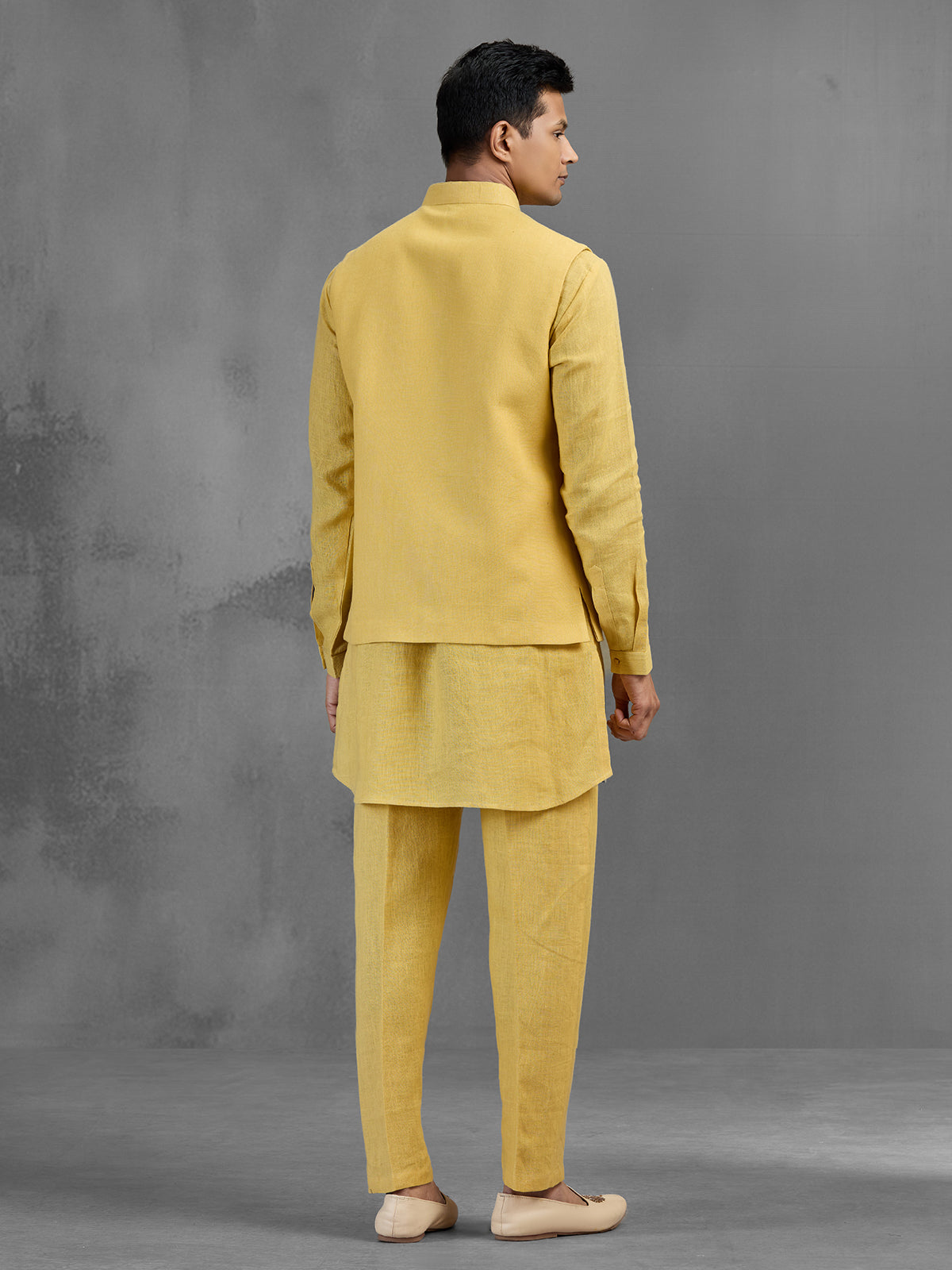 Yellow linen peacock brooch embroidered festive waistcoat set