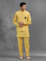 Yellow linen peacock brooch embroidered festive waistcoat set