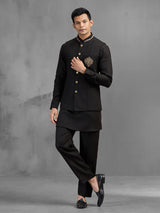 Black linen crest brooch embroidered festive waistcoat set