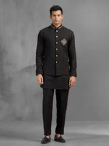 Black linen crest brooch embroidered festive waistcoat set