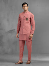 Dusky pink linen crest embroidered festive waistcoat set