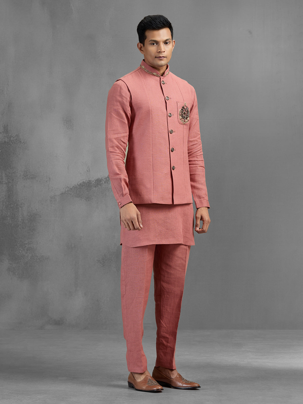 Dusky pink linen crest embroidered festive waistcoat set
