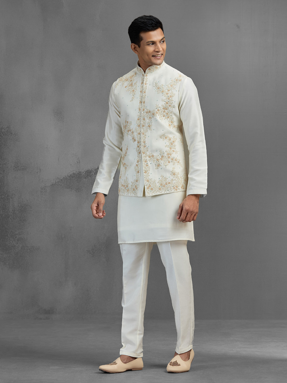 Cream linen aabla embroidered festive waistcoat set for men