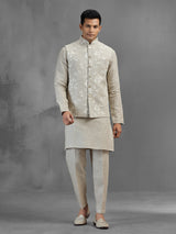 Light grey linen botanical embroidered festive waistcoat set