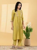 Khaki silk yoke style kurti set minimal elegance