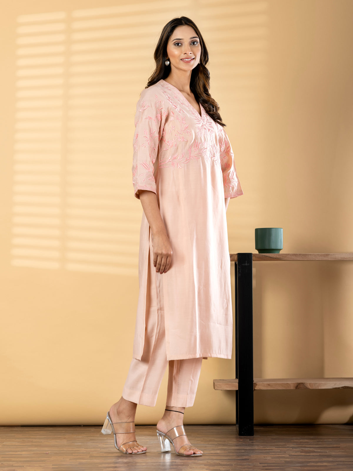 Peach cotton silk straight cut kurti set soft charm
