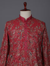Red georgette embroidered work festive mandarin kurta suit