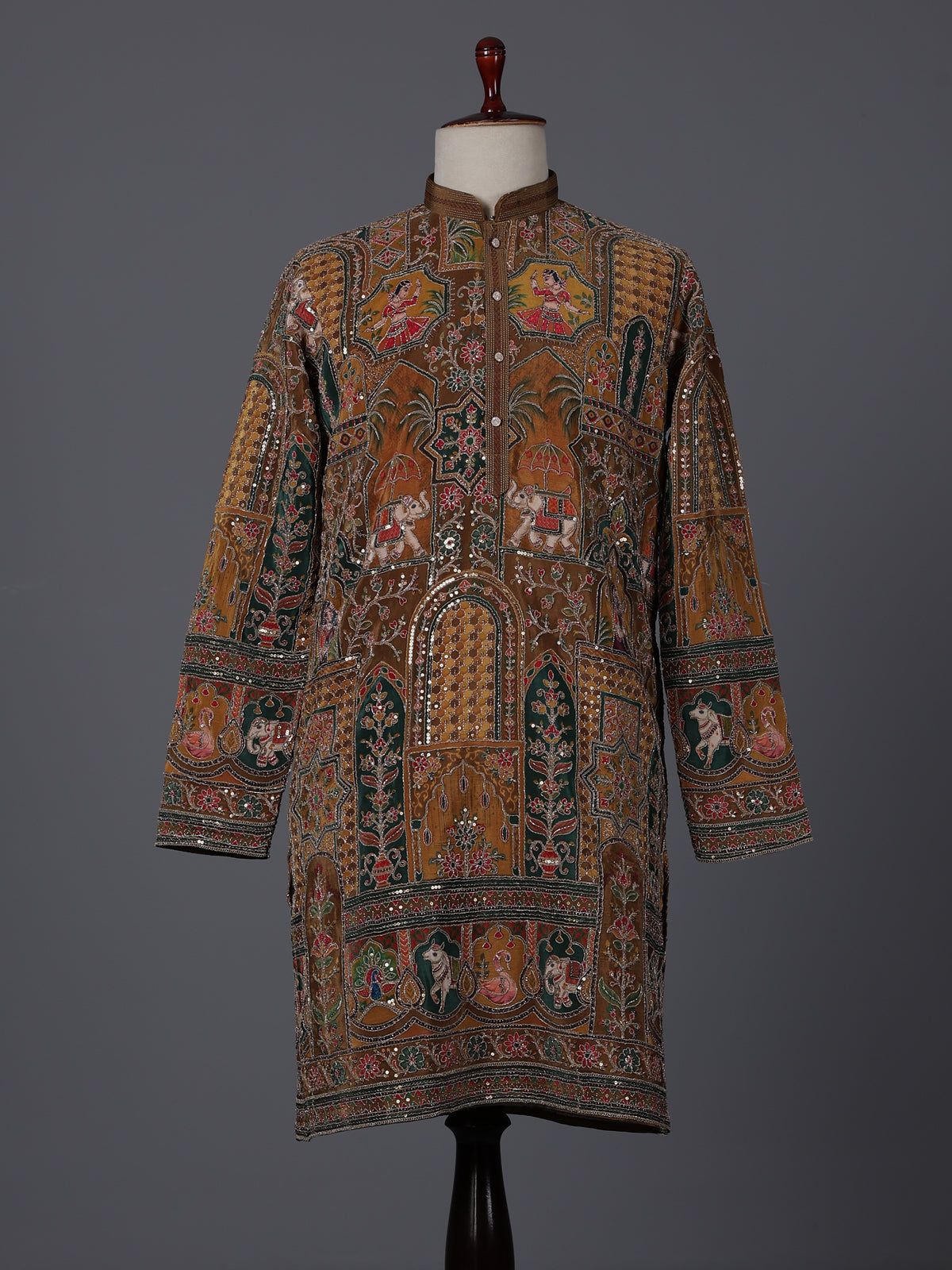 Mehendi olive silk zardosi festive kurta suit