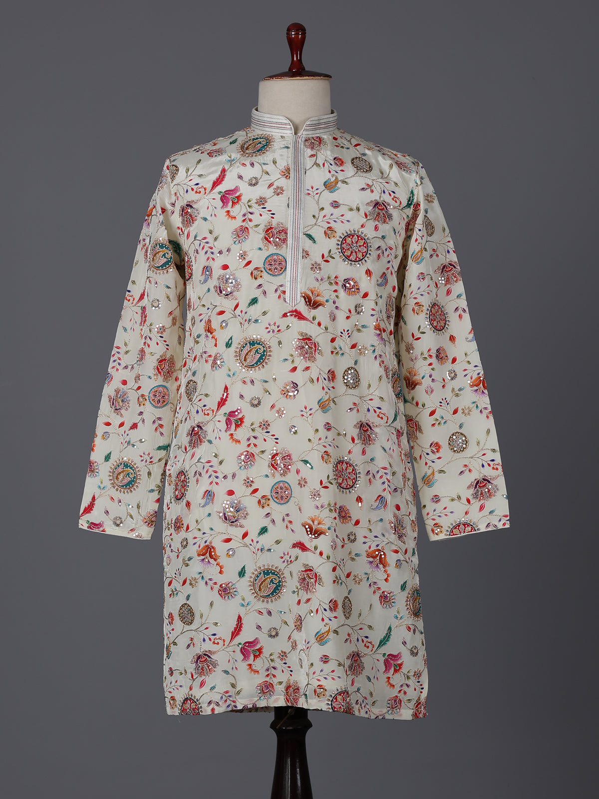 Cream silk floral resham work festive kurta suit