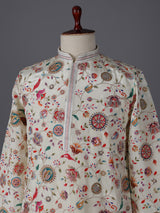 Cream silk floral resham work festive kurta suit