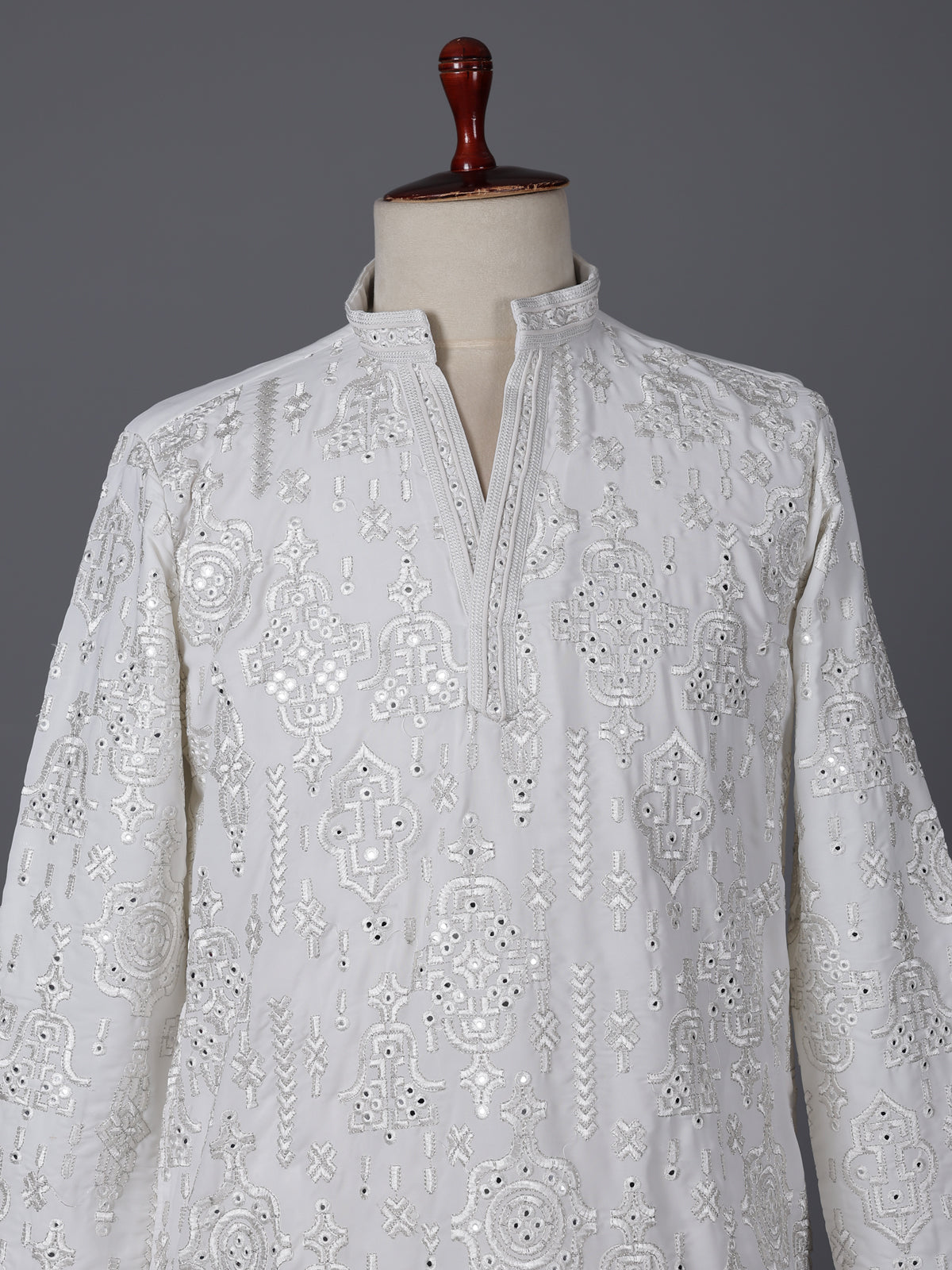 White cotton silk embroidered work festive kurta suit