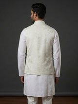 White cotton embroidered festive waistcoat for celebrations