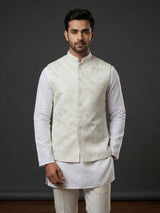 White cotton embroidered festive waistcoat for celebrations