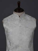 White cotton embroidered festive waistcoat for celebrations