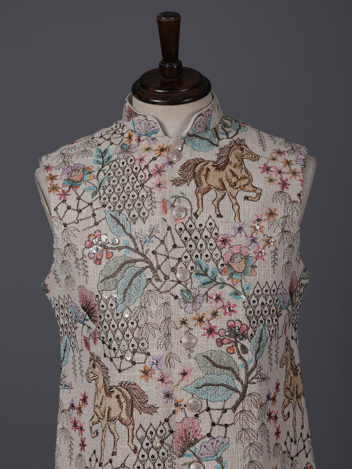 Cream jute thread sequin embellished festive waistcoat