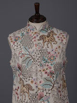 Cream jute thread sequin embellished festive waistcoat