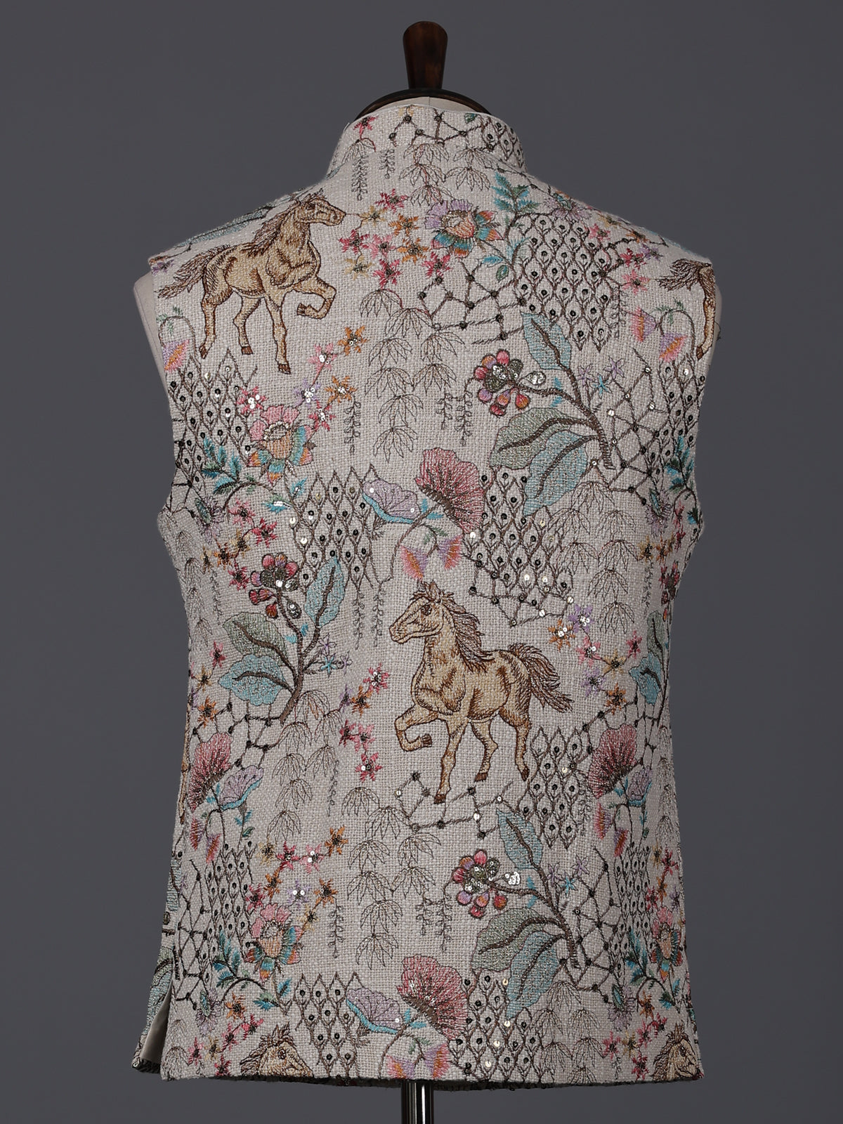 Cream jute thread sequin embellished festive waistcoat