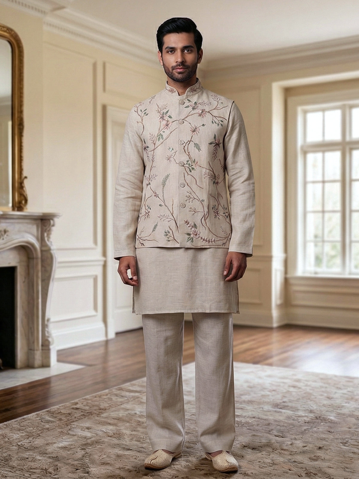Cream cotton linen embroidered festive waistcoat set