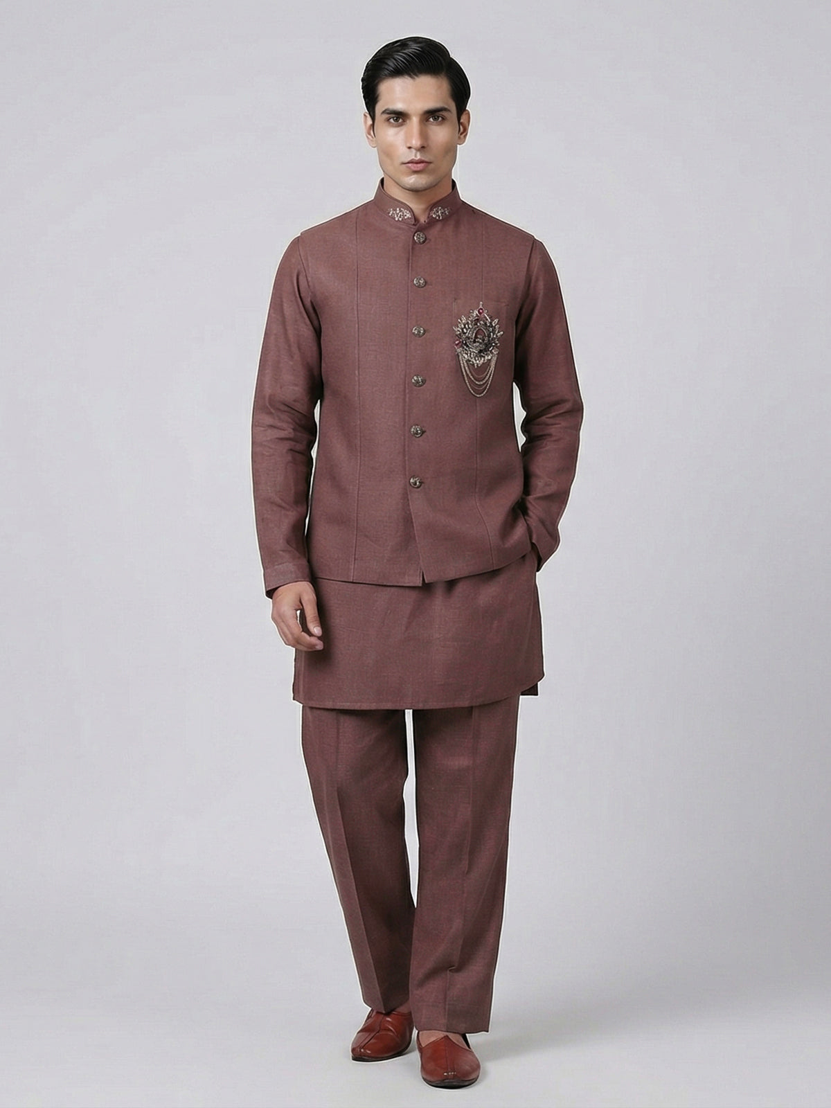 Brown cotton linen heavily embellished waistcoat set