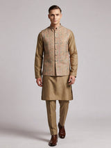 Dusty olive silk printed festive waistcoat set