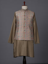 Dusty olive silk printed festive waistcoat set