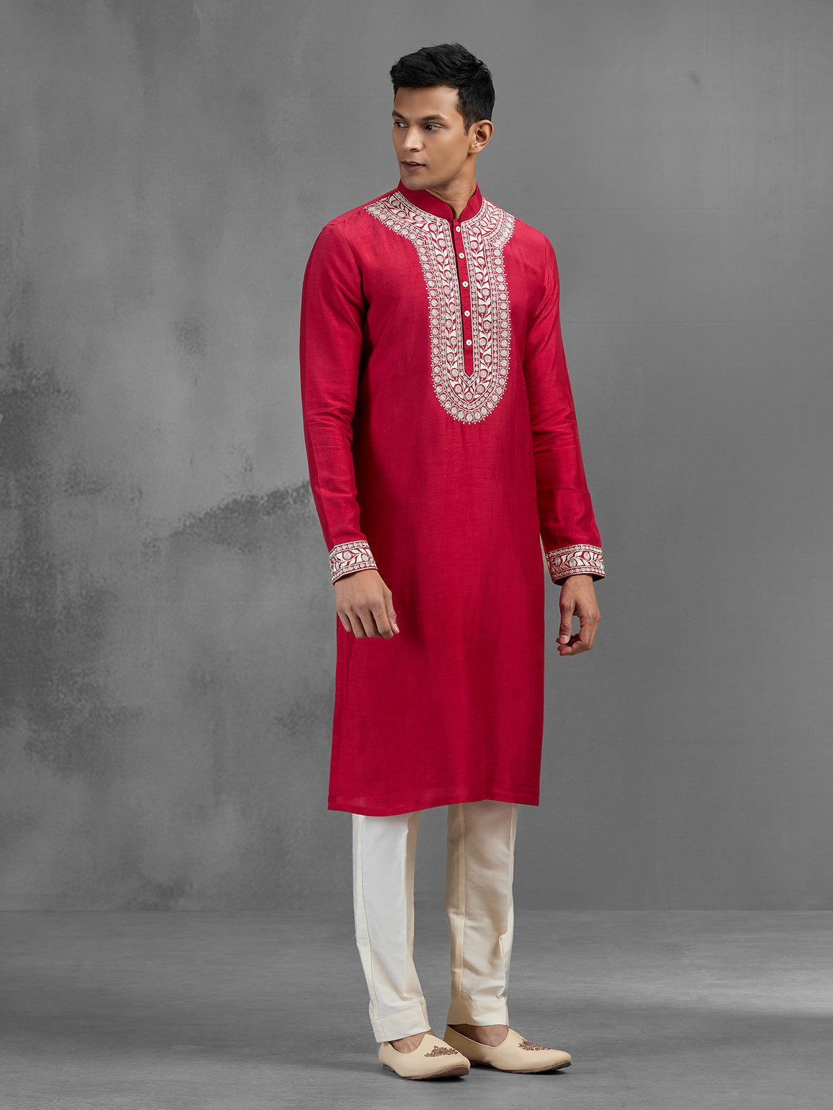 Magenta silk geometric embroidered statement kurta suit