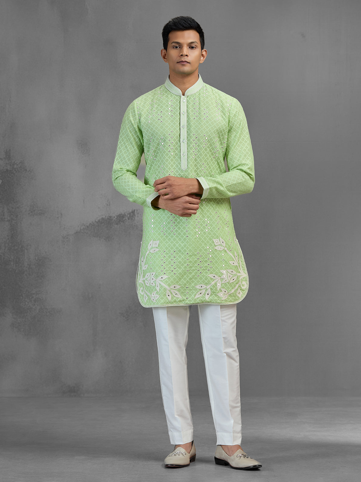 Pista green chikankari festive banarasi silk kurta pajama