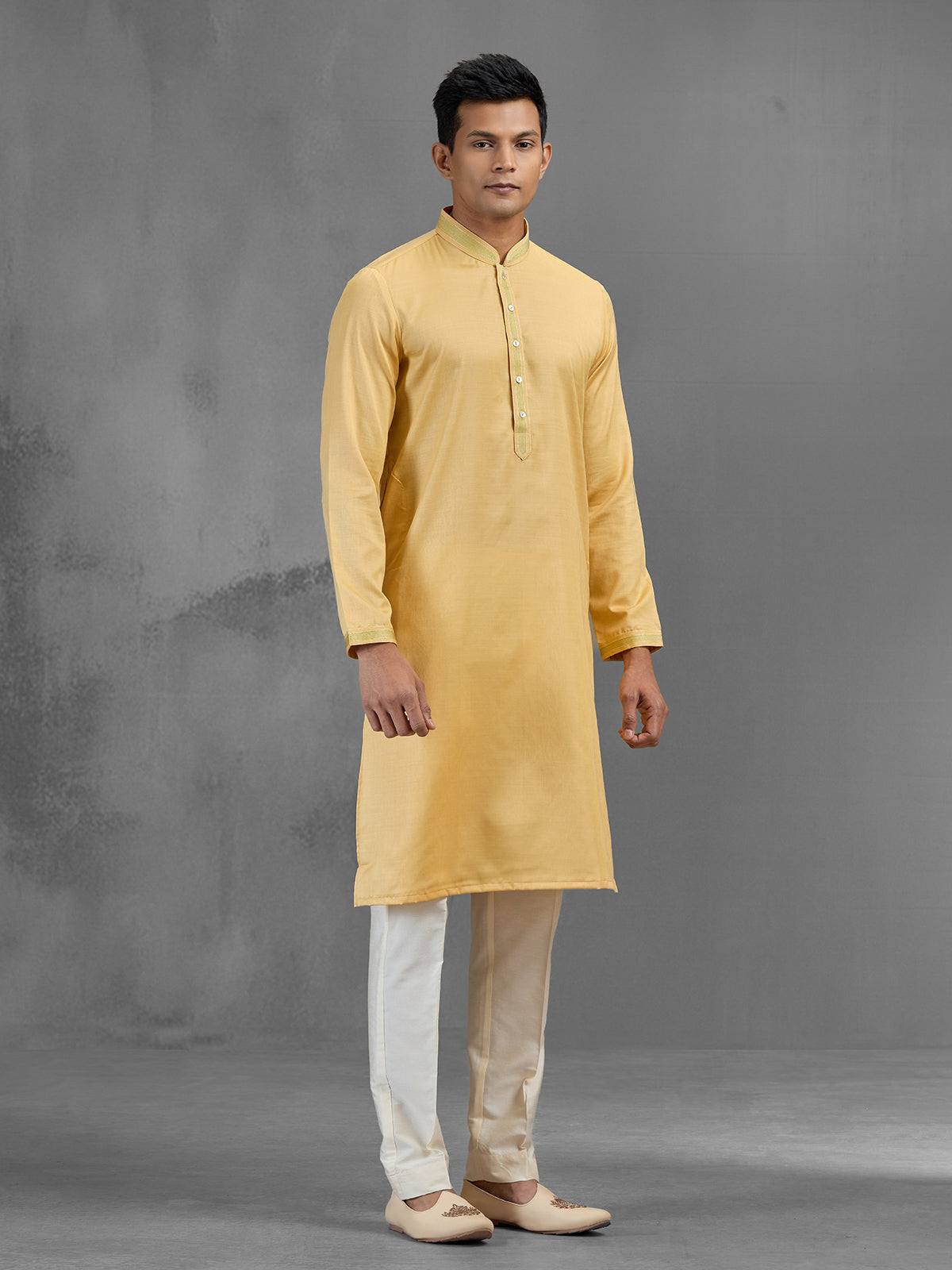 Yellow soft silk festive thread embroidered kurta suit