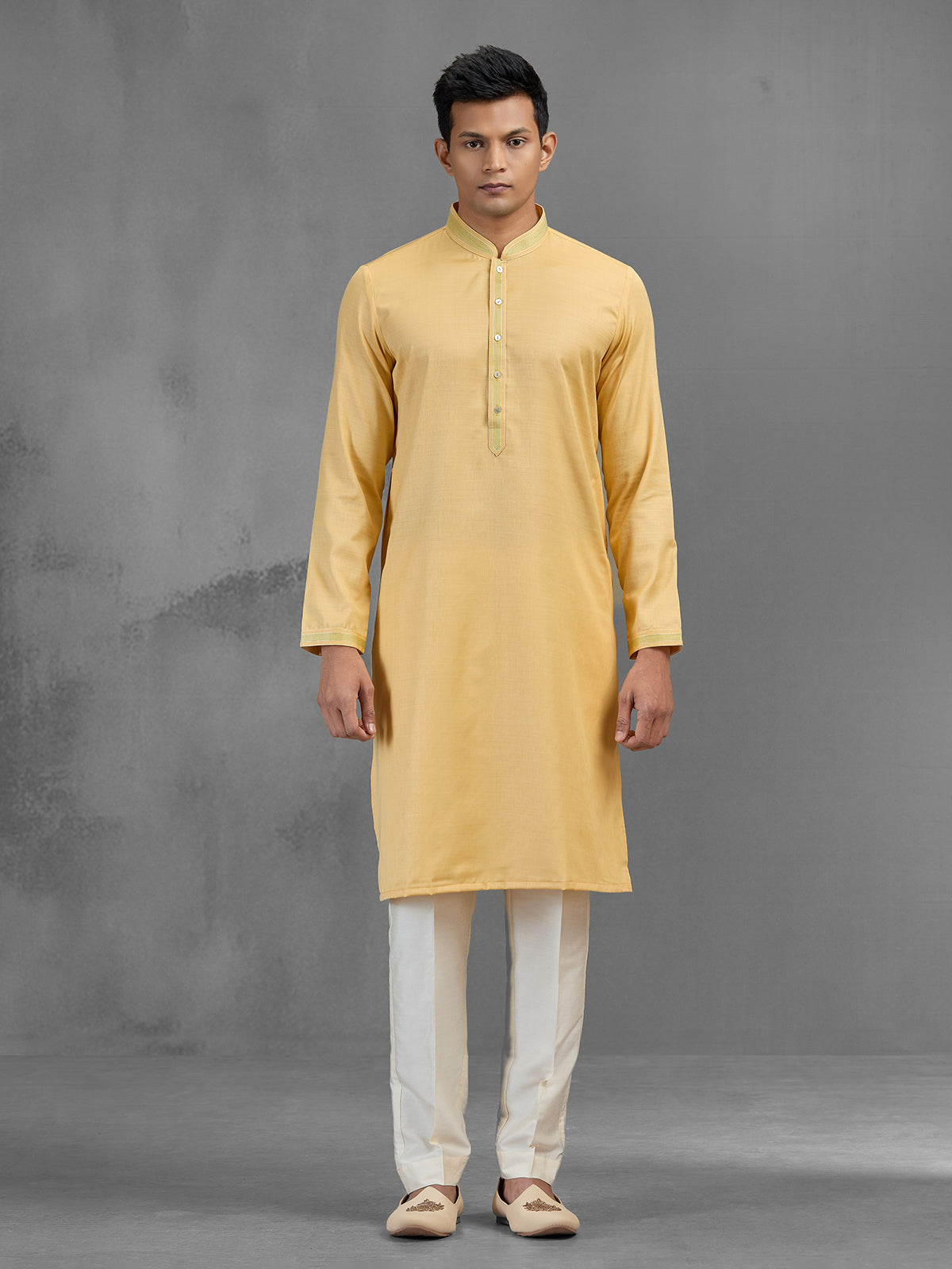 Yellow soft silk festive thread embroidered kurta suit
