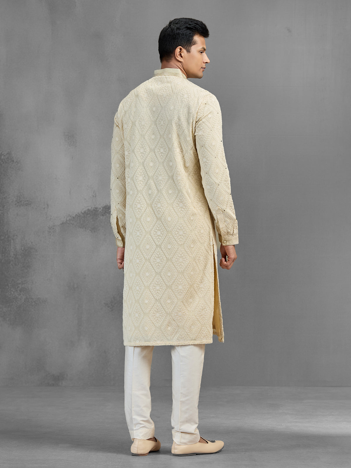 Cream dupion georgette chinon chikankari festive kurta pajama