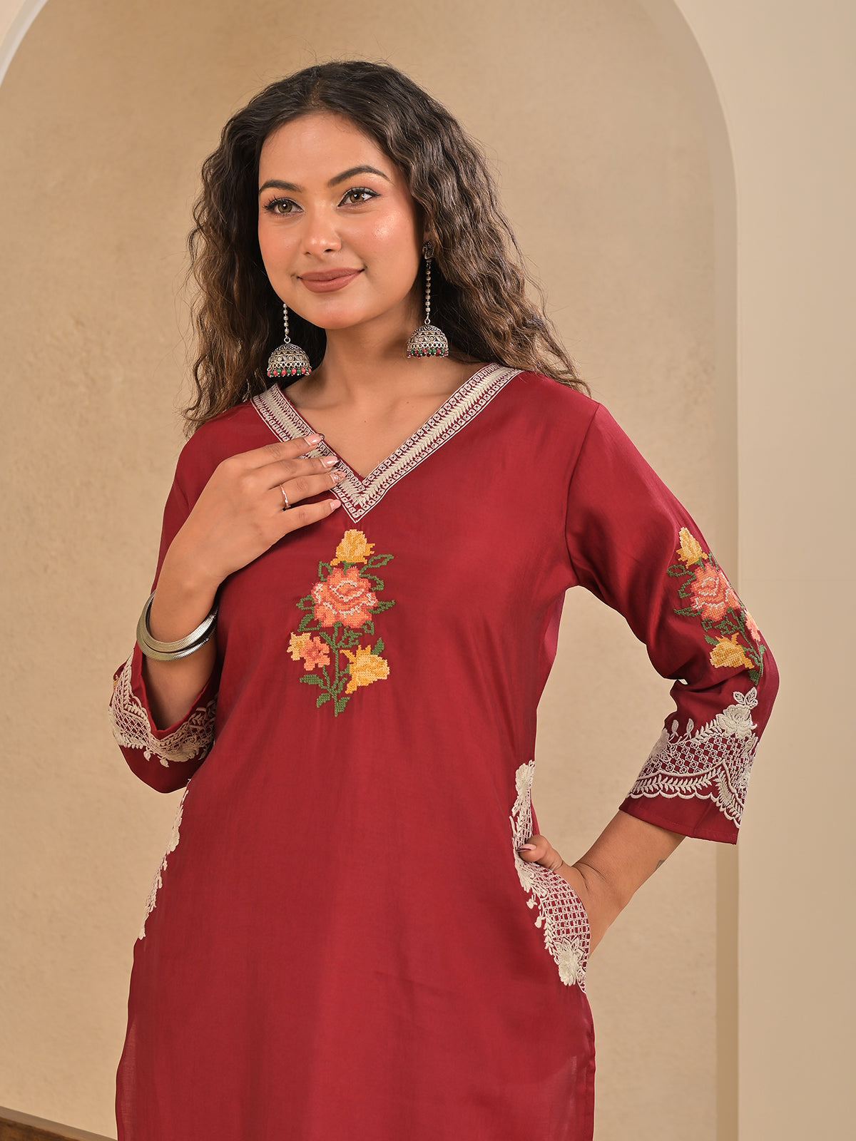 Maroon silk embroidered v neck casual kurti for women