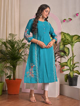 Aqua blue silk embroidered round neck casual kurti