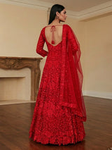 Red net anarkali suit with intricate zardosi elegance
