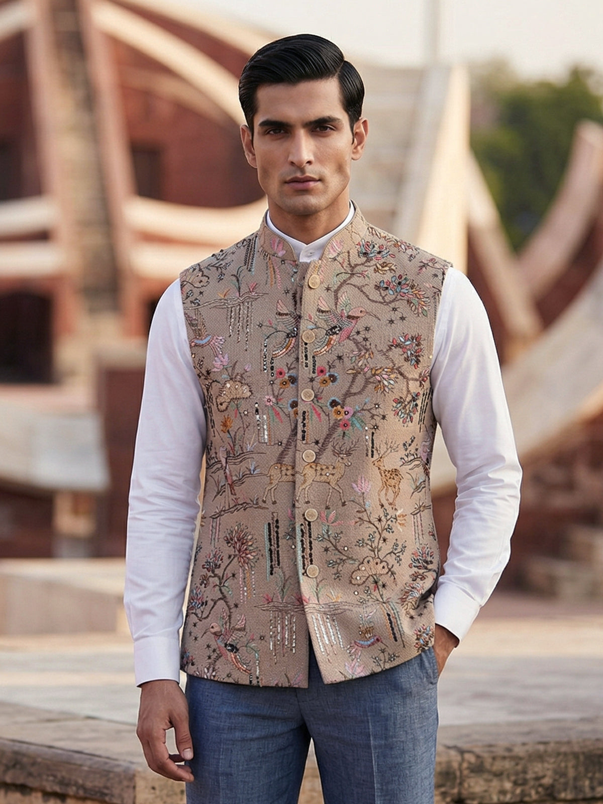 Beige jute embroidery waistcoat