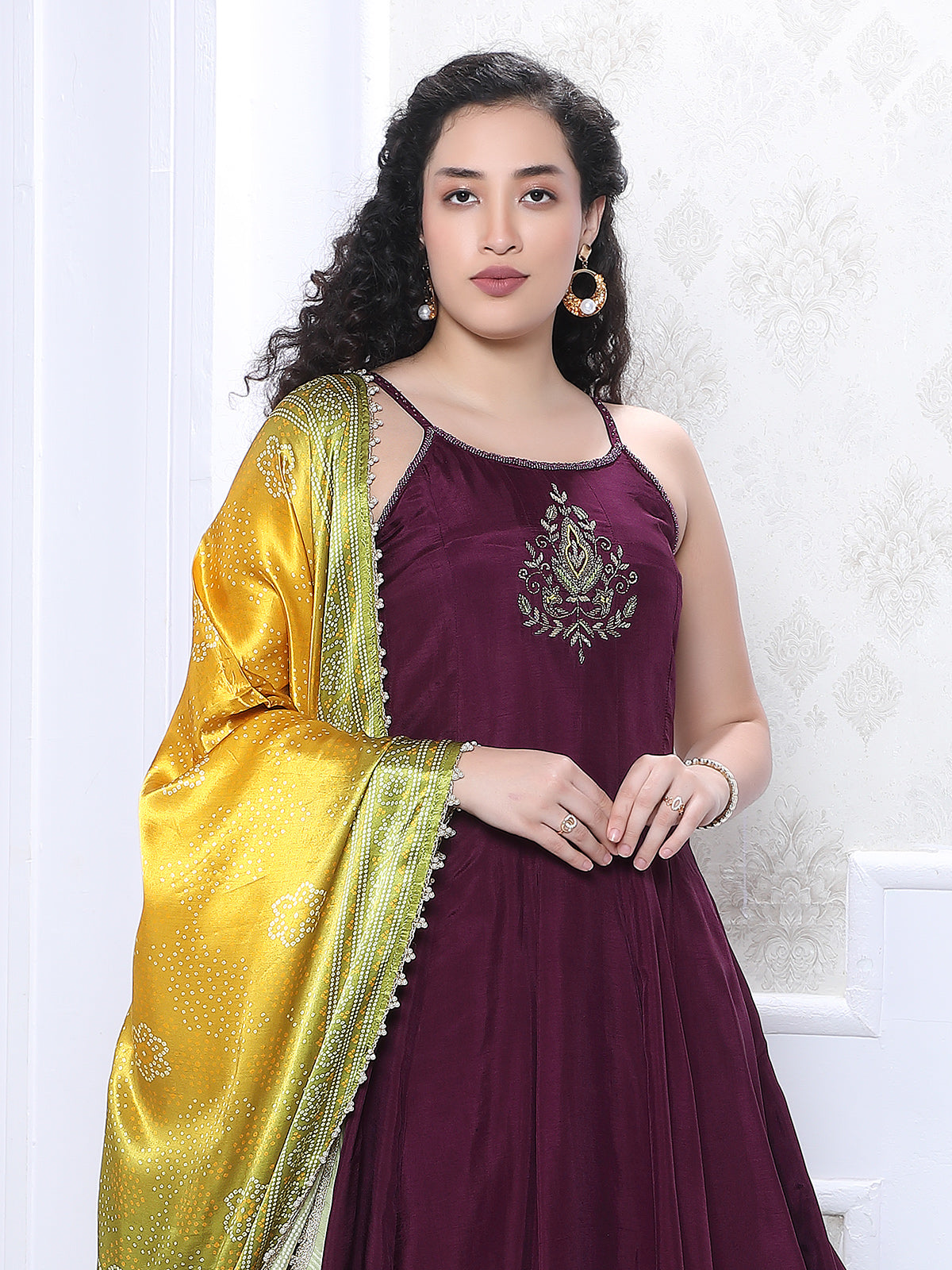 Dark purple satin silk festive kurti palazzo set with dupatta