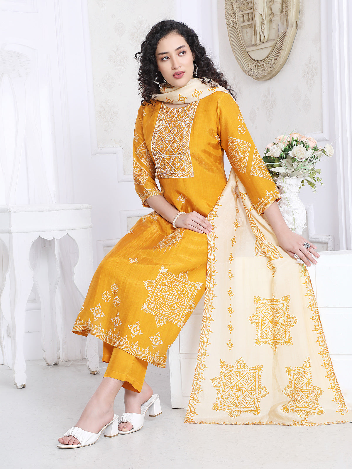 Yellow silk festive yoke style kurti set with dupatta