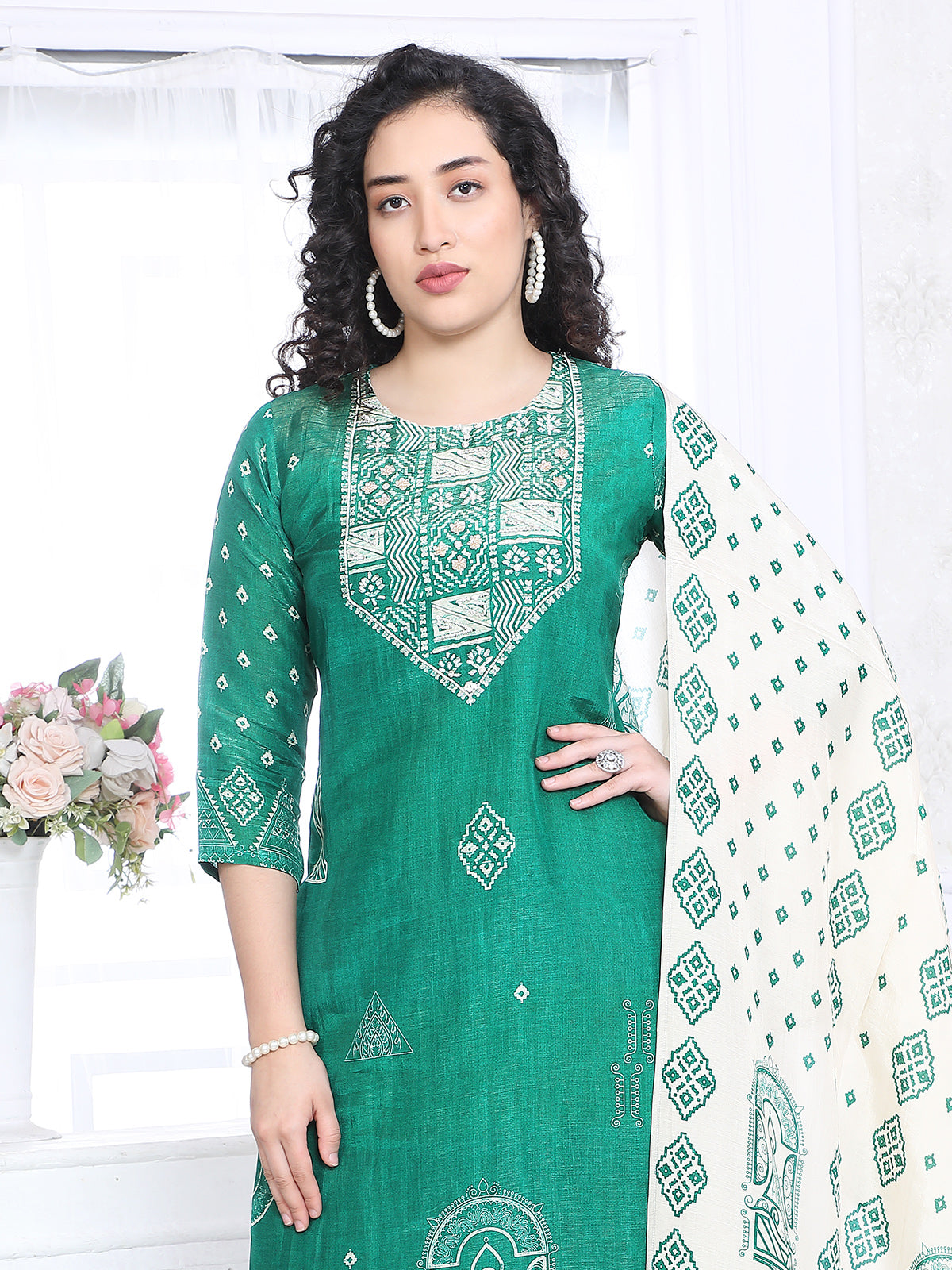 Green silk printed yoke style festive kurti set