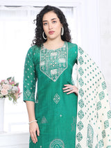 Green silk printed yoke style festive kurti set