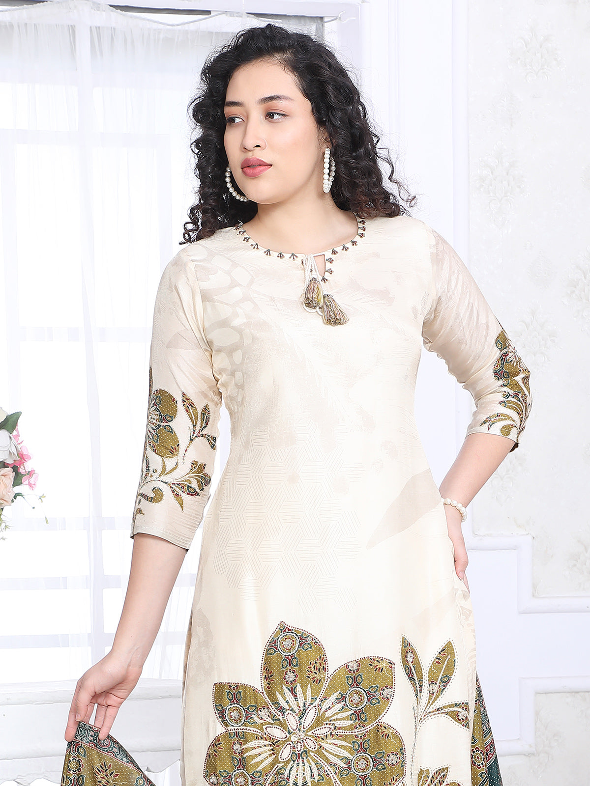 Off white silk printed festive kurti set with dupatta