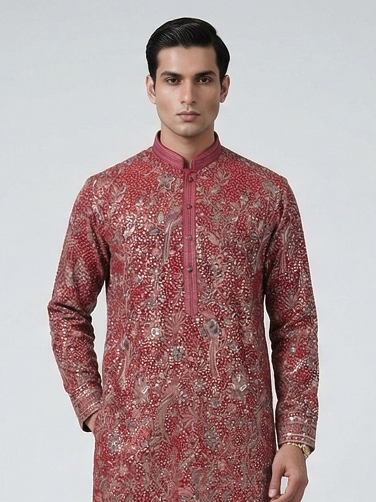 Red georgette embroidered work festive mandarin kurta suit