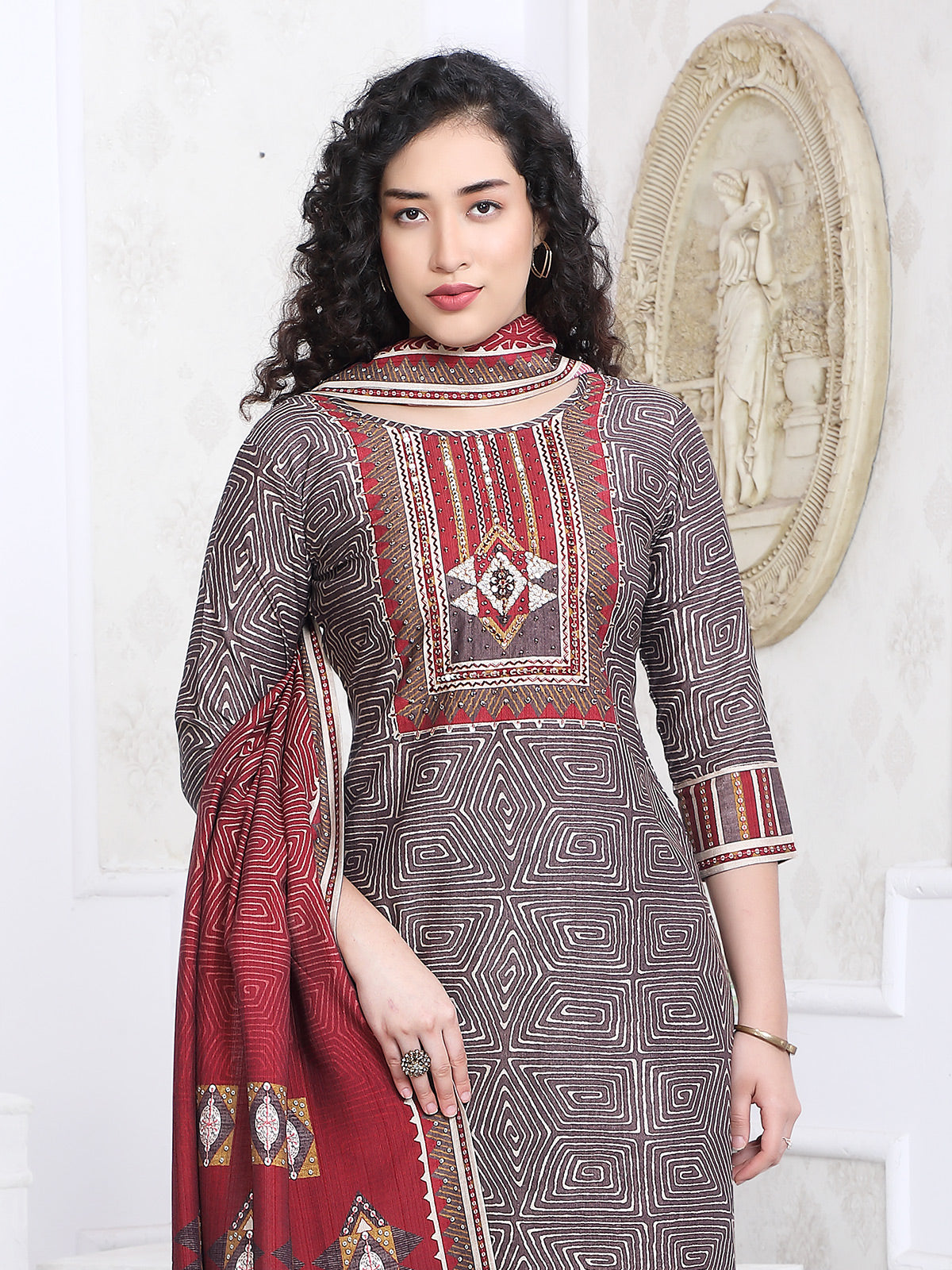 Brown silk printed yoke style festive kurti set