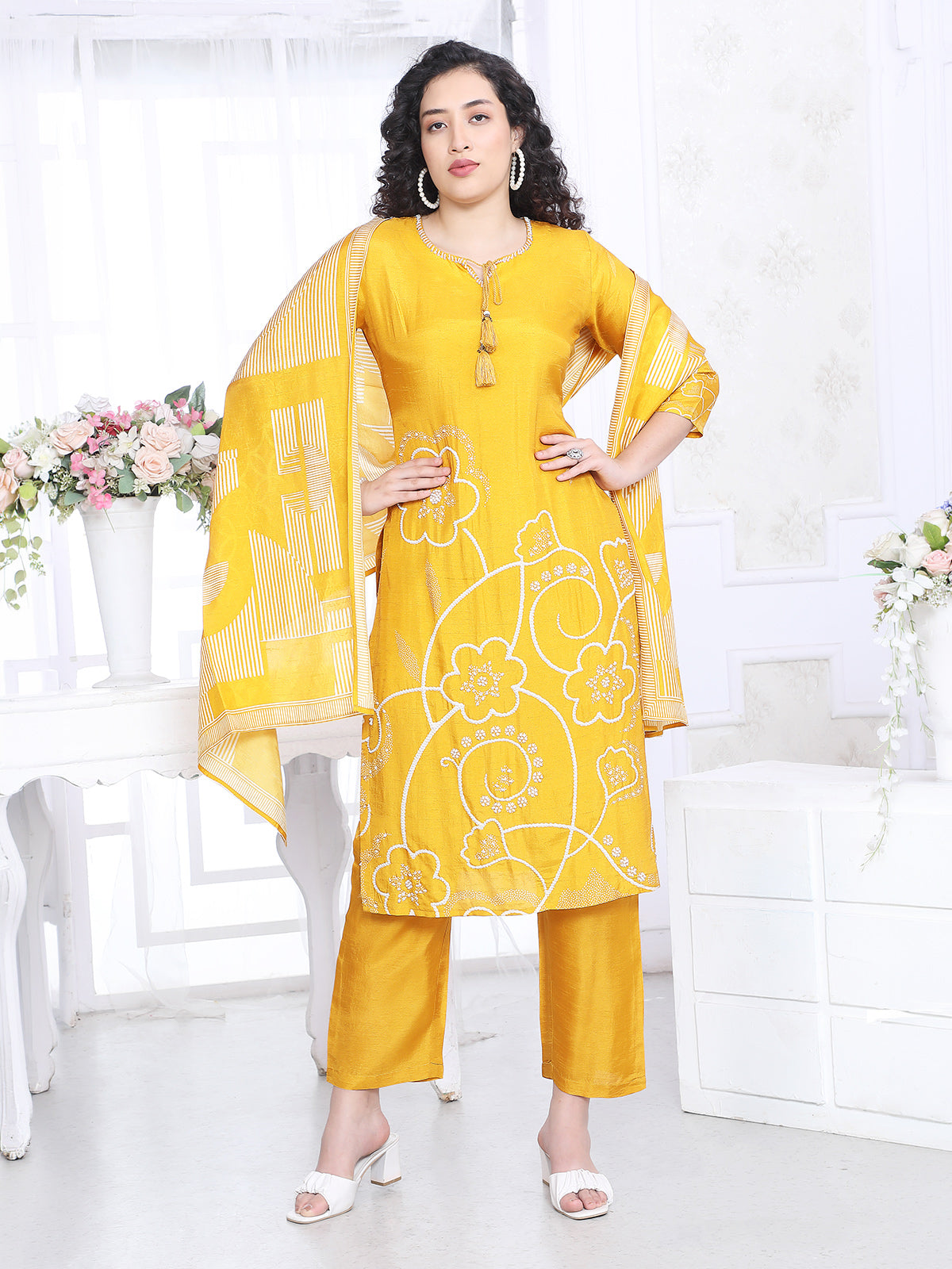 Yellow silk printed festive kurti set for haldi